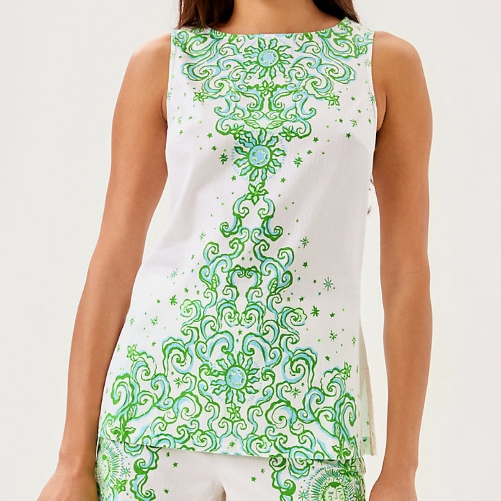 Lilly Pulitzer White Tank with Green Scroll Motif
